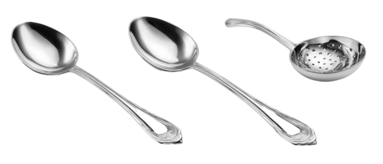 A polished set of three stainless steel kitchen utensils, including two large serving spoons and a fine mesh strainer, displayed on a clean white background ideal for culinary use