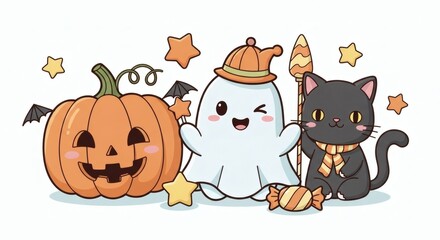 Fototapeta premium Cute cartoon illustration of a pumpkin, a ghost wearing a hat, and a black cat with candy and stars, celebrating Halloween.