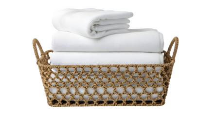 Stack of soft white cotton towels in wicker basket clean folded towels in basket for bathroom or spa hotel amenities laundry and spa concept copy space