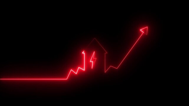 Glowing neon house with rising arrow and lightning bolt, energy growth and power efficiency concept, electricity cost increase, futuristic smart home energy chart, blue light technology background