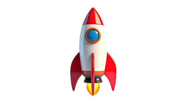 Retro-styled, red and white rocket on black