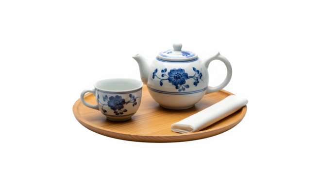 Teapot and cup with blue floral pattern on wooden tray porcelain teapot and cup tea set chinese tea ceremony traditional asian tableware copy space - Powered by Adobe