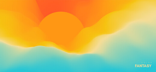 Seascape and sun. Sunset. Water waves. Nature background. Vector illustration for banner, flyer, poster, cover or brochure.