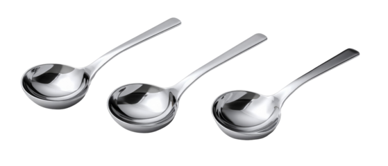 Three sleek stainless steel serving spoons arranged in a row, showcasing their polished surface and elegant design against a clean background, ideal for culinary presentations
