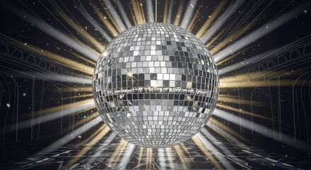Obraz premium Disco Ball in Spotlight with Golden Rays and Glitter, Mirror ball, Party, Dance