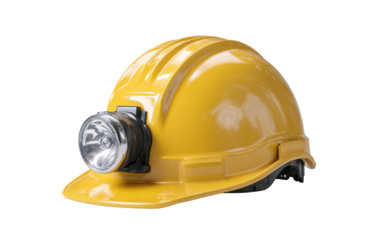 Yellow hard hat with attached lamp on black background helmet hardhat
