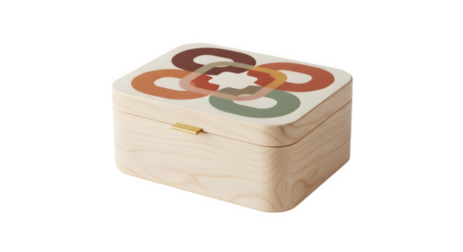 Wooden box with a retro design the box is made of lightcolored wood and has a hinged lid with a gold clasp the design on the lid features a pattern of overlapping circles in various colors, including 