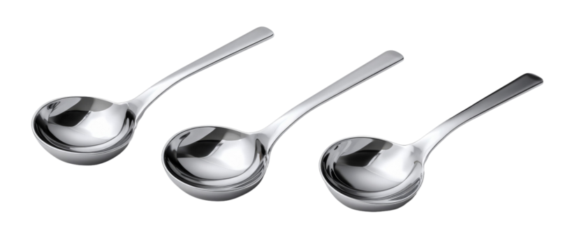 Three sleek stainless steel serving spoons arranged in a row, showcasing their polished surface and elegant design against a clean background, ideal for culinary presentations