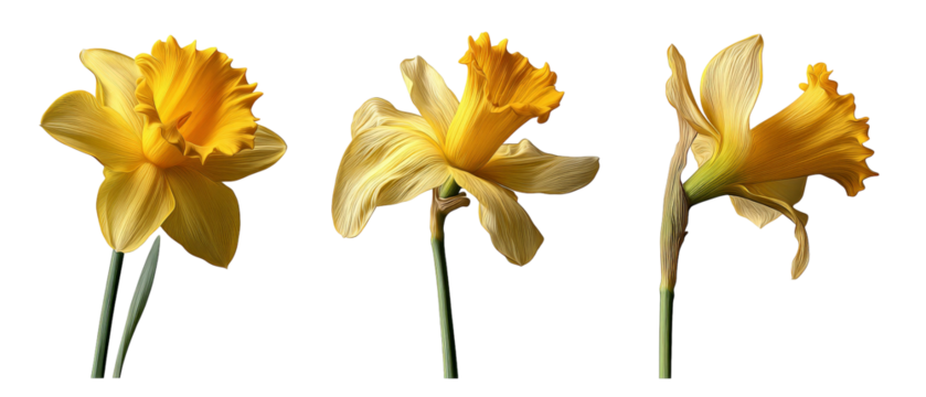 A vibrant display of daffodil flowers showcasing different angles, highlighting their bright yellow petals against a simple background, ideal for nature-themed projects