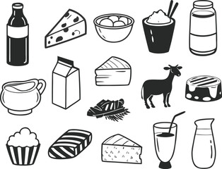 Diverse dairy product icons vector illustration scalable eps bundle for food and beverage graphics