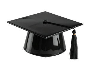 Glossy black graduation cap with a tassel