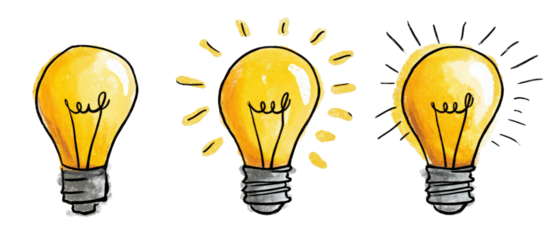 A series of three hand-drawn light bulbs representing different stages of illumination, set against a plain background, symbolizing creativity and innovation in design
