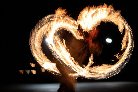 Blurred flames from a fire juggler performing in the dark
