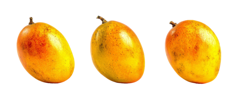 Three ripe, vibrant mangoes arranged in a row, showcasing their smooth, golden skin, with a subtle gradient of colors, set against a plain background, ideal for food-related content