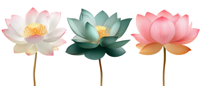 A vibrant display of three lotus flowers, showcasing their delicate petals in shades of white, blue-green, and pink, set against a clean background, symbolizing purity and tranquility