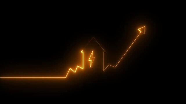 Glowing neon house with rising arrow and lightning bolt, energy growth and power efficiency concept, electricity cost increase, futuristic smart home energy chart, blue light technology background - Powered by Adobe