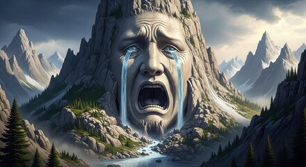 Majestic Mountain Face Crying Tears Forming a River in a Surreal Landscape.