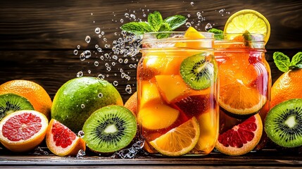 Refreshing fruit infused drinks kitchen counter food photography bright environment close-up view healthy lifestyle