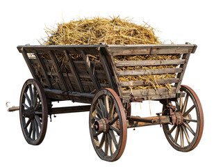 Wood cart overflowing with straw against a black background