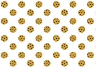 Seamless pattern featuring hand-drawn chocolate chip cookies on a white background. Minimal and playful design ideal for packaging, branding, fabric, and backgrounds related to bakery or sweets.