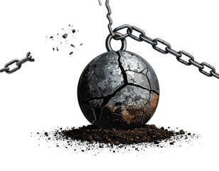 Cracked, weathered ball and chain resting on dirt against black