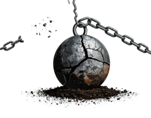 Cracked, weathered ball and chain resting on dirt against black