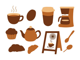 set of coffee cups and coffee beans