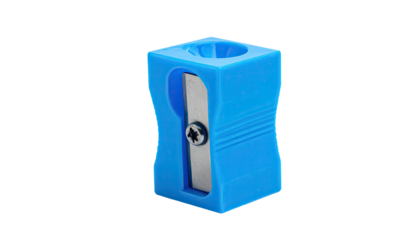 Small, bright blue pencil sharpener stands on a black background