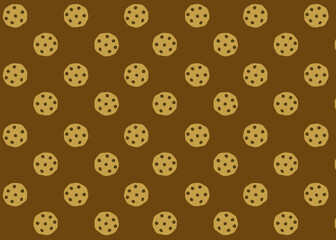 Seamless pattern featuring hand-drawn chocolate chip cookies on a brown background. Minimal and playful design ideal for packaging, branding, fabric, and backgrounds related to bakery or sweets.