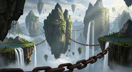 Fantasy landscape with floating islands and waterfalls, chained together.