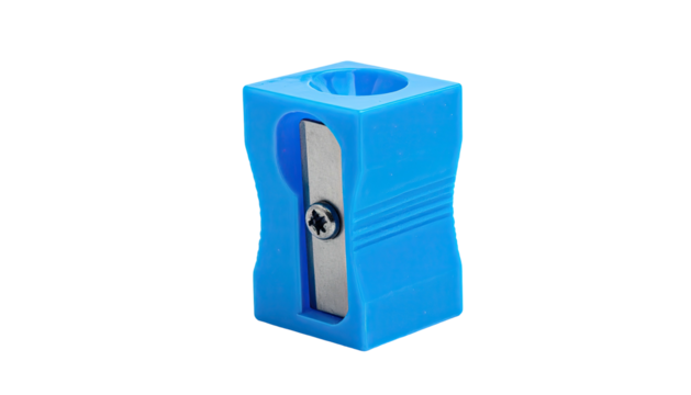 Small, bright blue pencil sharpener stands on a black background