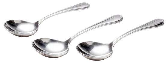 Three polished stainless steel serving spoons arranged in a row against a white background, ideal for culinary presentations or kitchenware advertisements