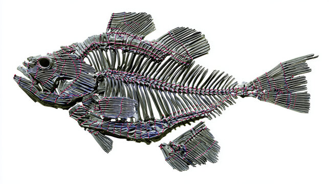 Skeletal fish sculpture made of metal rods and wire, intricate texture and contrast conveying rustic elegance and curiosity