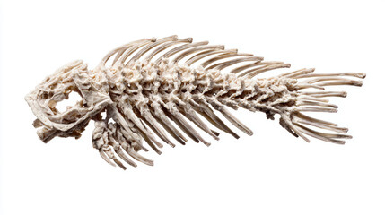 Fototapeta premium Dried fish skeleton with exposed rib bones and skull, detailed texture and high contrast, eerie natural decay