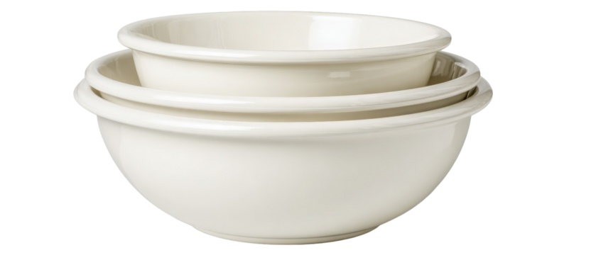 Three stacked cream-colored ceramic bowls arranged neatly, showcasing their smooth surfaces and rounded shapes, set against a plain background for a minimalist aesthetic