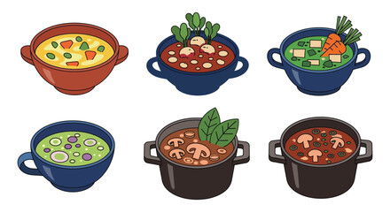 Delicious soups vector illustration various types soup bowls set vector