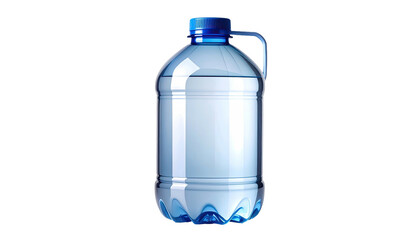 Large, transparent plastic water bottle; blue cap and handle