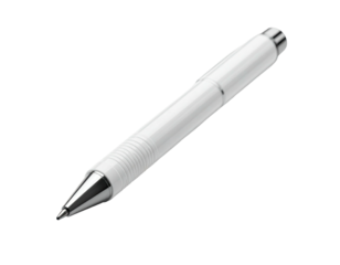Sleek white pen; metallic accents, ribbed grip, black background