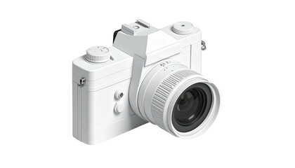 Glossy white camera with lens, isometric view, minimalist