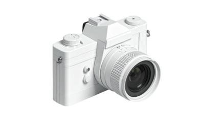 Glossy white camera with lens, isometric view, minimalist