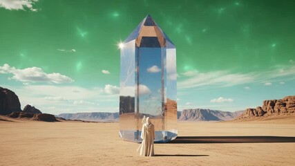 Mysterious crystal monolith in a desert landscape under a green sky - Powered by Adobe