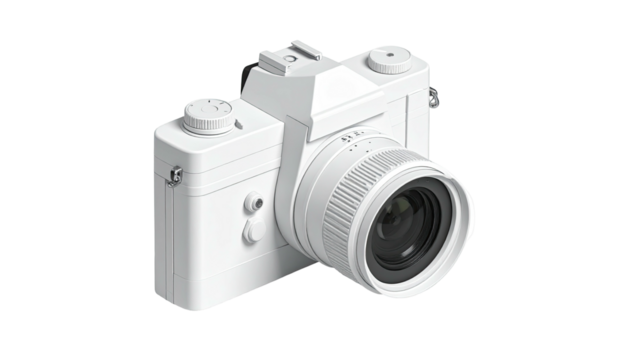 Glossy white camera with lens, isometric view, minimalist