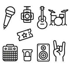 Obraz premium Concert Icon Set. Live Performance Collection linear icon set: microphone, stage light, guitar, drum set, amplifier, ticket, speaker, audience hand.