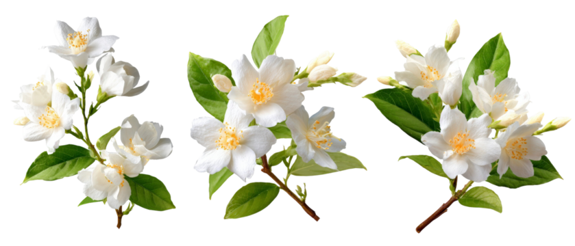 Delicate white jasmine flowers arranged artistically, showcasing their intricate petals and vibrant green leaves, set against a transparent background for versatile use in design