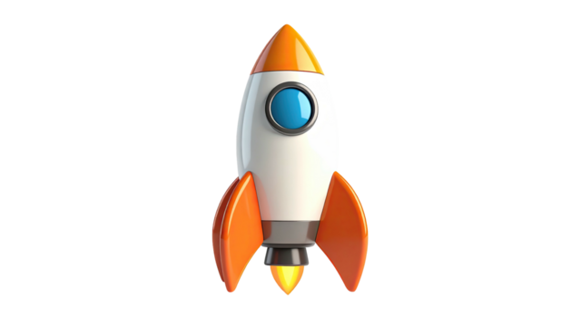 White, orange toy rocket on black background, shiny, 3D render