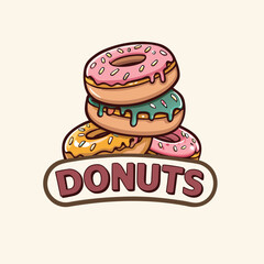 Stack of three colorful donuts with pink, blue, and brown glaze, decorated with sprinkles, delicious dessert illustration	
