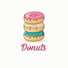 Stack of three colorful donuts with pink, blue, and brown glaze, decorated with sprinkles, delicious dessert illustration	
