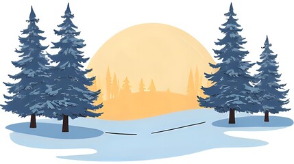 Serene Winter Forest Sunset Scene With Snowy Pines And Soft Sunrise Glow In Dawn Light