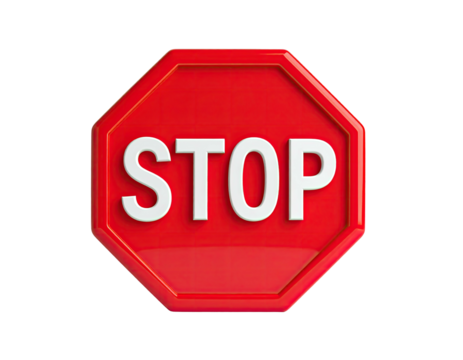 Red octagonal stop sign with white letters against black backdrop