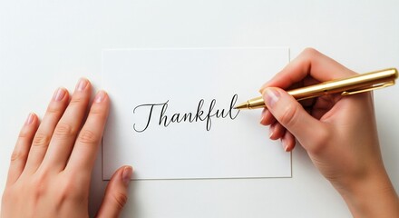 ThanksGiving Day Express heartfelt gratitude with a handwritten 'Thankful' note using a stylish gold pen, perfect for Thanksgiving greetings and messages of appreciation to loved ones